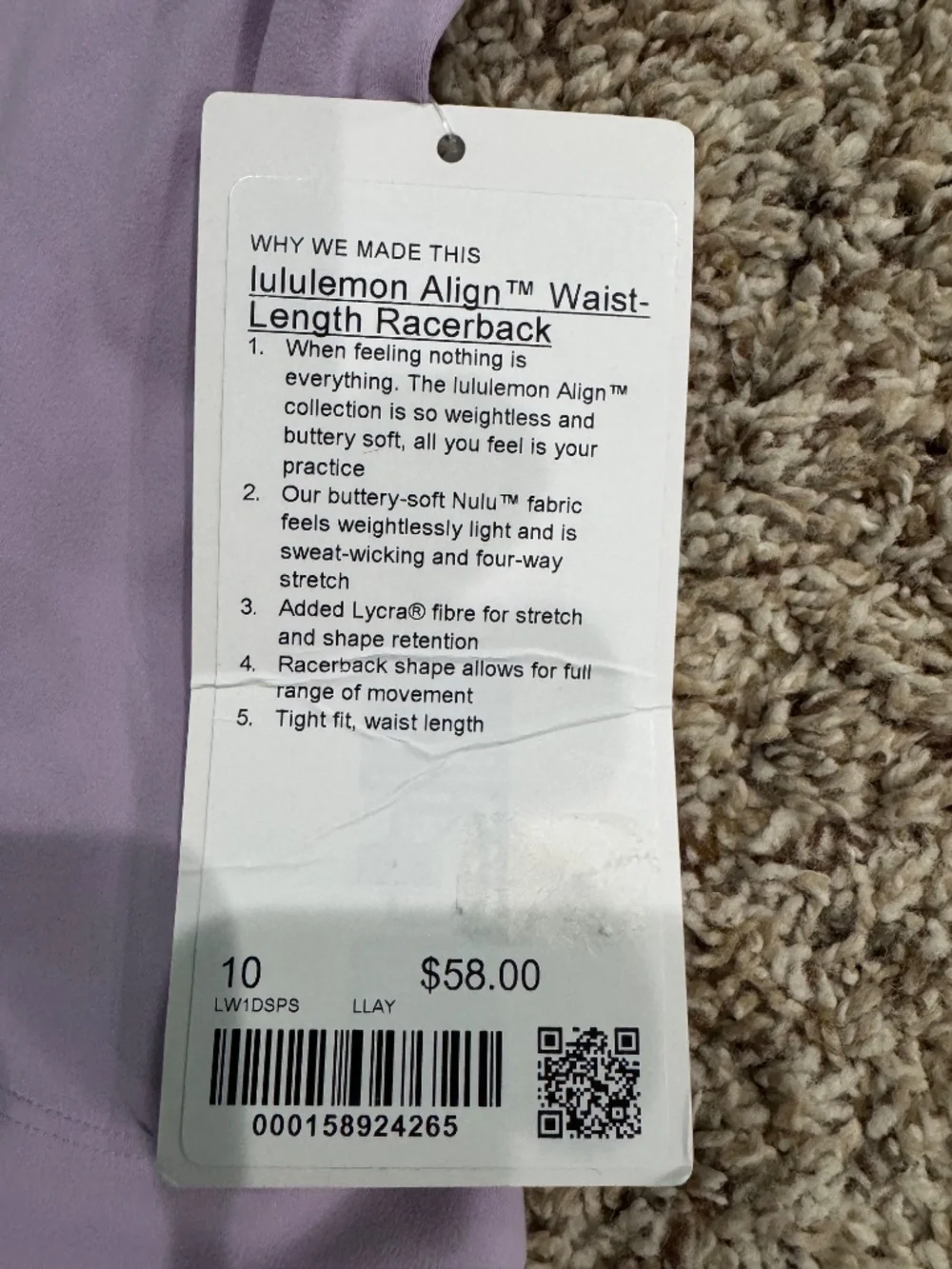 Lululemon Align Waist-Length Racerback Tank Top Lilac Play size 10-NEW WITH TAGS